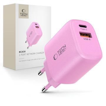 Tech-Protect NCA30 30W Dobbelportlader med USB-C PD og USB-A QC3.0 - Babyrosa