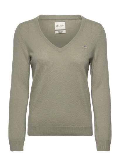 GANT Extrafine Lambswool Blend V-Neck - Khaki green - XS