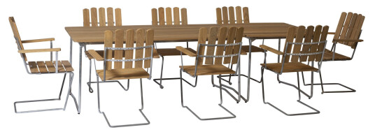 Grythyttan Stålmöbler B31 spisegruppe Oljert eik/galvanisert stål 8 lenestoler, bord 84 x 92 cm & bord 170 x 92 cm
