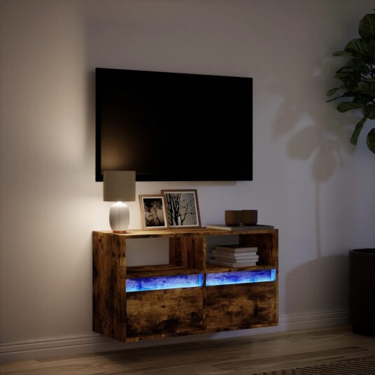  Vegghengt TV-benk med LED røkt eik 80x31x45 cm 8721102968969