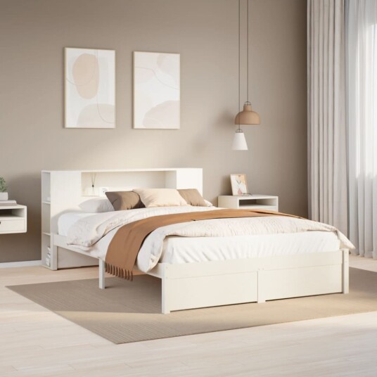 Seng med bokhylle uten madrass hvit 120x190 cm heltre furu