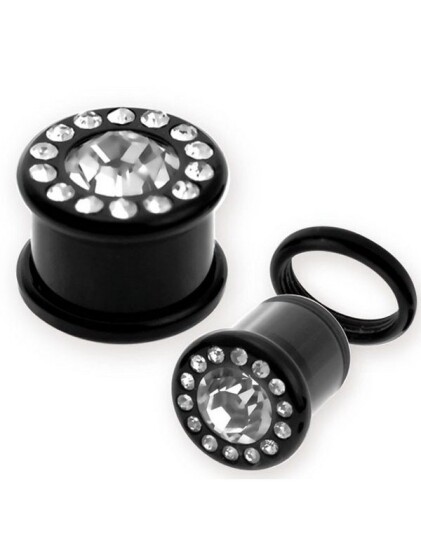Aab Svart Piercing Plugg med En Klar Sten Rammet inn med Små Strl 6 mm
