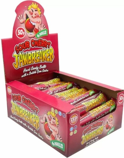 24 stk 6 pk Zed Jawbreaker med Sour Cherry Smak og Kjerne av Tyggegummi Hel Eske 24 stk 6 pk Zed Jawbreaker med Sour Cherry Smak og Kjerne av Tyggegummi Hel Eske