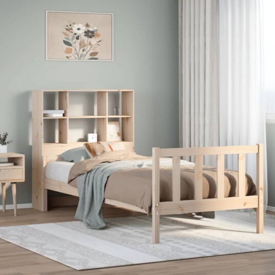 Seng med bokhylle uten madrass 90x190 cm heltre furu