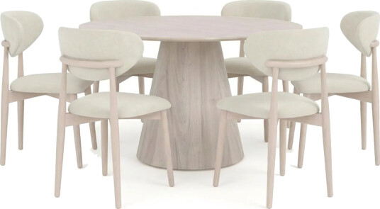 Siena spisegruppe rund 130 cm hvitlasert med 6 Molly spisestoler Hvitlasert