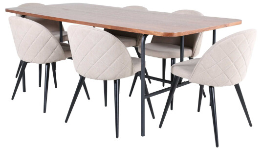 Venture Design Uno & Velvet spisegruppe Beige/natur 6 stoler & bord 200 x 90 cm
