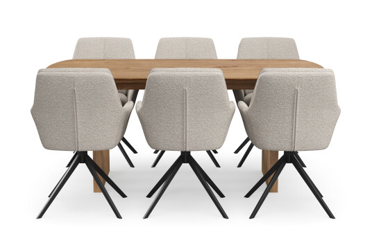 Richeto Spisegruppe 180 cm med 6 Torsby Snurrestoler Naturlig finish/Mørk beige