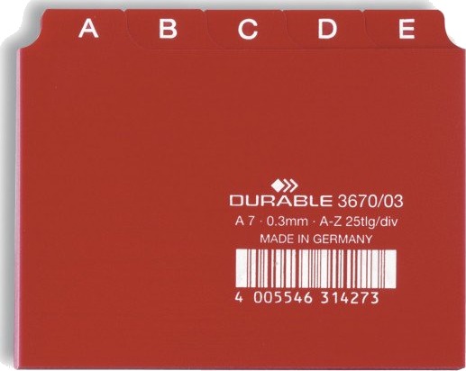 Durable 367003 Alfabetisk Faneindeks Pvc Rød A7 0.3 Mm 105 Mm Durable 367003 Alfabetisk Faneindeks Pvc Rød A7 0.3 Mm 105 Mm
