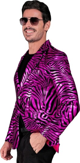 Skinnende Svart og Mørk Rosa Dressjakke med Zebrastripemønster til Herre   XX Large