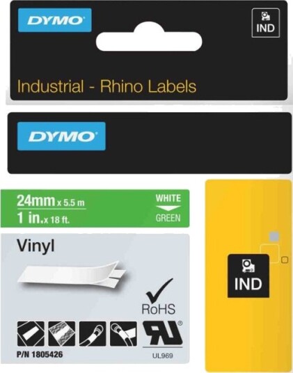 Dymo Rhino Coloured Vinyl   Vinyl   Permanet Adhesiv   Hvitt På Grønt   Rull 2,54 Cm X 5,5 M 1 KassettEr Tape   For Rhino 4200 6000 6000 Hard Case Kit  Rhinopro 6500 Professional Labeling Bundle