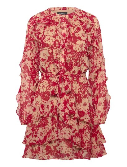 Lauren Ralph Lauren Print Ruffle Trim Georgette Tiered Dress   Red   38