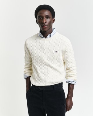 GANT Cotton Cable Crew Neck Pullover Cream