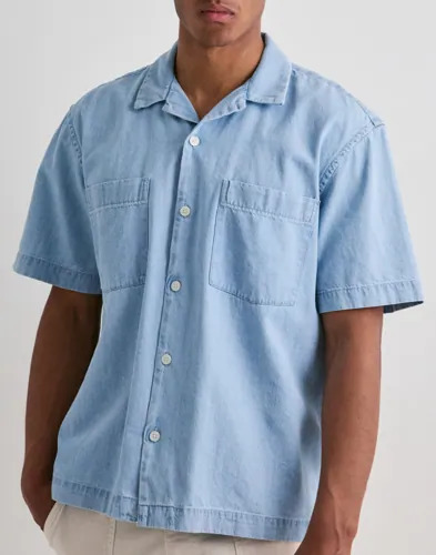Selected Men Slhrlxcarlo Denim Ss Shirt Resort Kortermede skjorter Blå