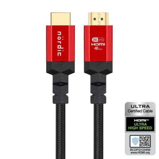 NÖRDIC CERTIFIED CABLE 1M Ultra High Speed HDMI 2.1 8k 60Hz 4k 120Hz 48Gbps Dynamisk HDR Earc VRR Nylon Flettet Kabel Forgylt Kontakt informasjon