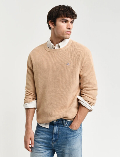 GANT Cotton Wool Rib C-Neck - Khaki green - S GANT Cotton Wool Rib C-Neck - Khaki green - S