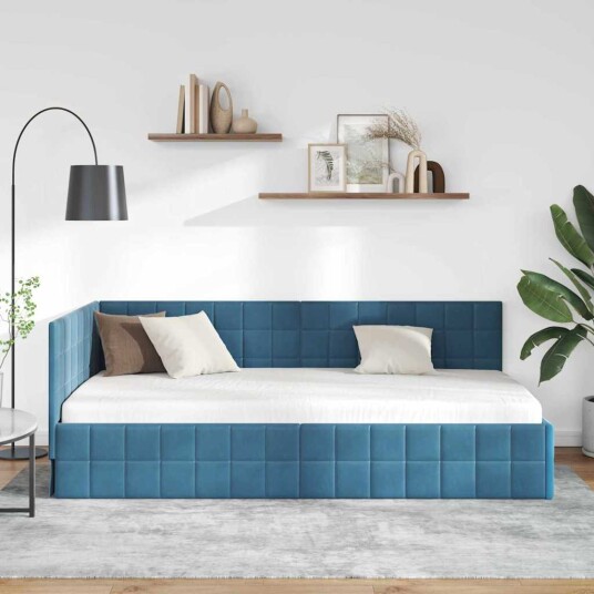 Hjørnesengramme med hodegjerde Blå 100 cm x 200 cm Fløyel