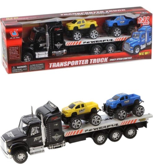 Friksjonsdrevet transporter lastebil i sort med 2 pick-up lekebiler 38 cm lang