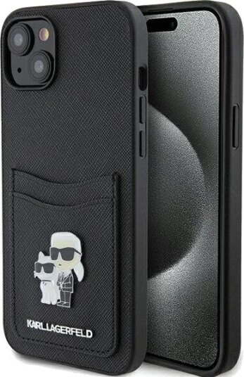 Karl Lagerfeld Mobildeksel til iPhone 15 6.1" Svart Saffiano med Kortholder og Metallpin