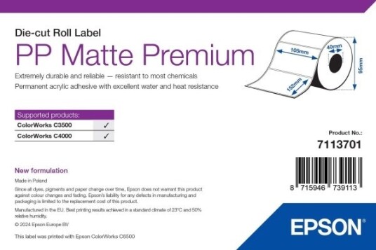 Epson Premium Polypropylen Pp Matt Permanent Akryllim 105 X 152 Mm 185 EtikettEr 1 RullEr X 185 Utstansede Etiketter For Colorworks Cw C4000e Bk Cw C4000e Mk Epson Premium Polypropylen Pp Matt Permanent Akryllim 105 X 152 Mm 185 EtikettEr 1 RullEr X 185 Utstansede Etiketter For Colorworks Cw C4000e Bk Cw C4000e Mk