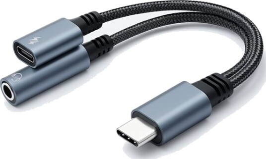 Qoltec   Usb C Til Hodetelefonjakk / Ladeadapter   Usb C Hann Til Minijakk Usb C Hunn   10 Cm   Grå   Usb Power Delivery 15W