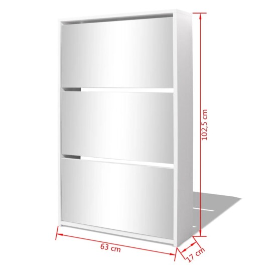 vidaXL Skoskap 3 h?yder speil hvit 63x17x102,5 cm