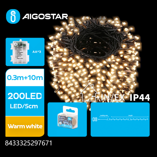 Aigostar 10m batteri varm hvit LED lyskjede 200 LED 8 lysmoduser mørkegrønn ledning