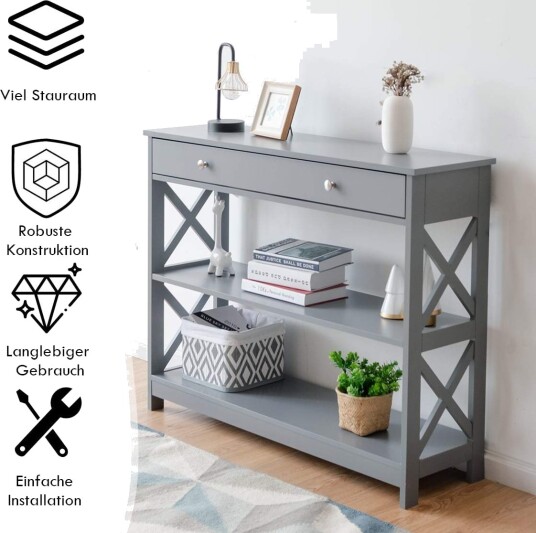3 etasjes grått konsollbord med skuff – 100x30x80 cm