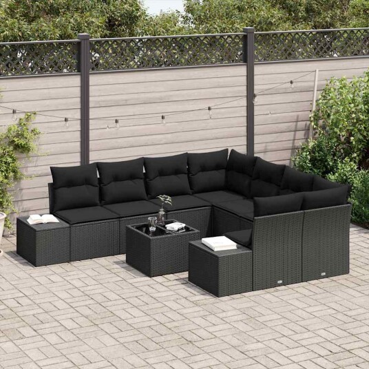 vidaXL Hagesofa Set med pute med lagring 9 pcs Svart polyrotting