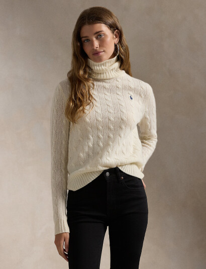 Polo Ralph Lauren Wool Cashmere Cable Turtleneck Sweater Cream S