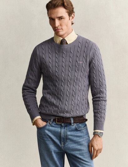Gant Classic Cable Knit Sweater Grey L