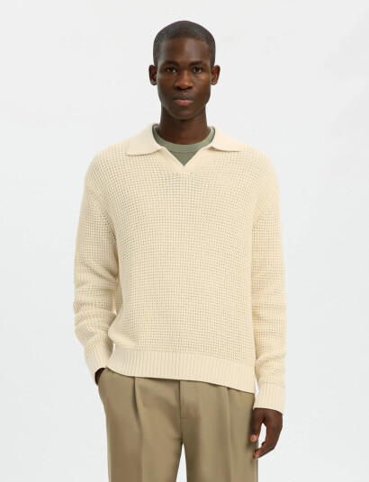 Selected Slhdereck Light Knit Relaxed Open Polo   Cream   XXL