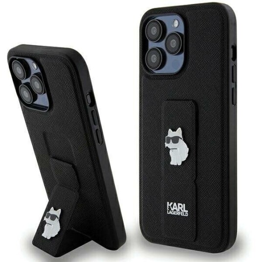 Karl Lagerfeld Gripstand Saffiano Choupette Pins mobildeksel for iPhone 13 Pro Max - svart