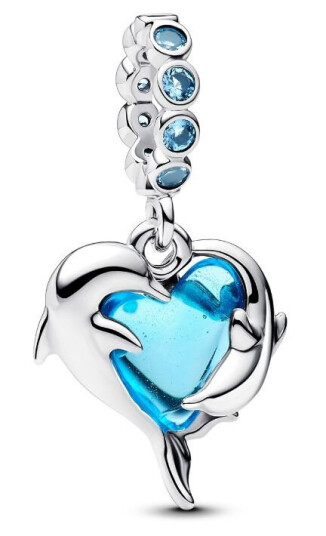 Pandora Moments Charm i 925 sølv med delfin i aquablå muranoglass Pandora Moments Charm i 925 sølv med delfin i aquablå muranoglass