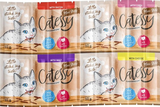 Catessy Mini Sticks Mix 2 Med 4 Smaker Bacon Lever Malt Ost 100 X 2 G