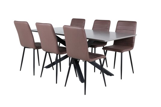 Venture Design Piazza & Windu spisegruppe Brun/svart 6 stoler & bord 180 x 90 cm