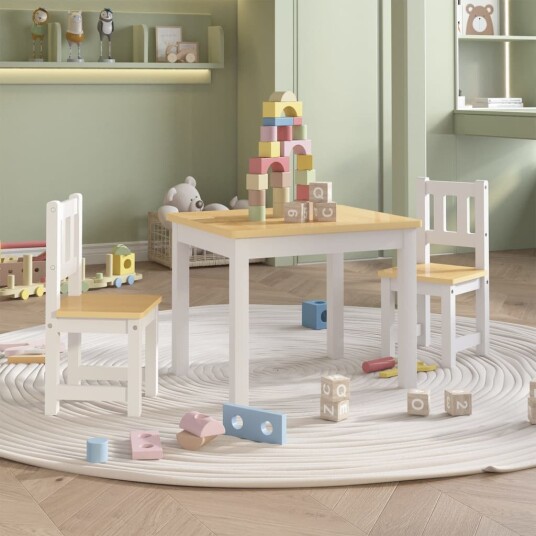 vidaXL Bord- og stolsett for barn 3 deler hvit og Beige MDF