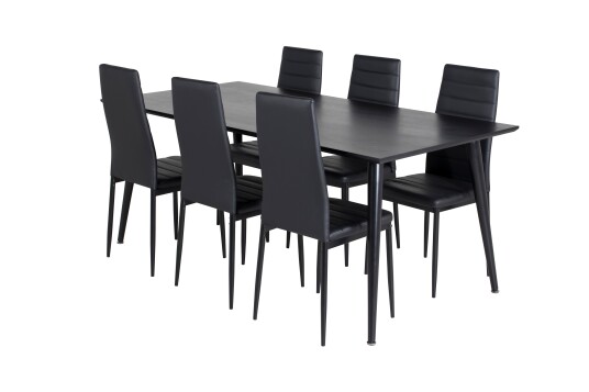 Dipp Spisegruppe 180 cm Rektangulær med 6 Slim Stoler Sort