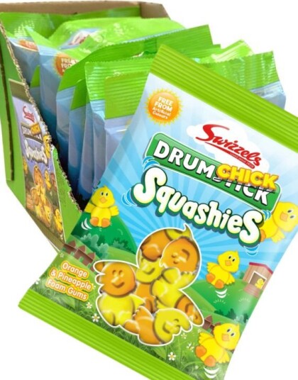 12 stk Swizzel Drumchick Squashies med Smak av Appelsin og Ananas   Hel Eske 1440 gram