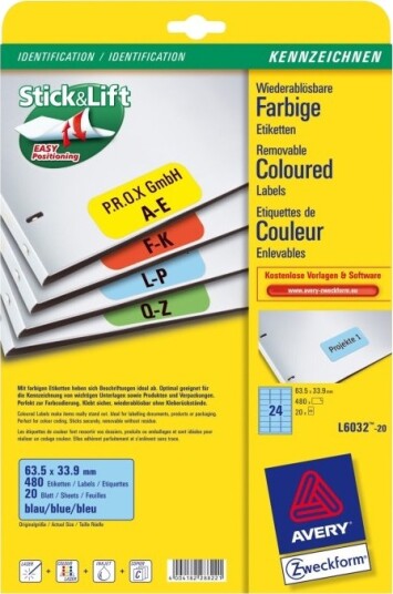 Avery L6032 - Avtakbart Selvklebende - Blå - 63,5 X 33,9 Mm 480 Etikett(Er) (20 Ark X 24 Etiketter)