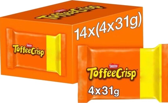 14 stk 4 packs Nestle Toffee Crisp   Toffefylte Sjokoladebiter med Crisp   Hel Eske 1,73 kg