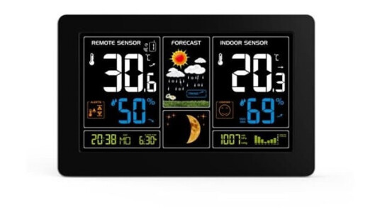 Solight TE81 værstasjon ekstra stor farge LCD temperatur fuktighet trykk RCC USB lading svart Solight TE81 værstasjon ekstra stor farge LCD temperatur fuktighet trykk RCC USB lading svart