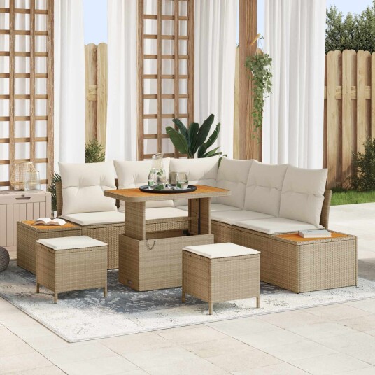 8 Deler Hage Sofa Sett med Puter Beige Poly Rotting Akasie