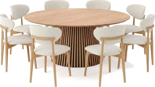 Peyra spisegruppe rund 180 cm eik med 8 Molly spisestoler Eik