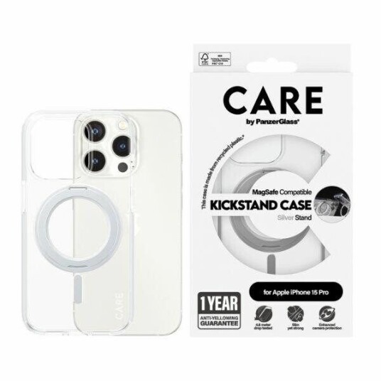 CARE by PanzerGlass Transparent Mobildeksel med Silver Kickstand og MagSafe for iPhone 15 Pro