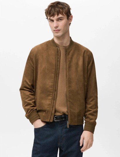 Mango Suede Effect Bomber Jacket Brown XXL