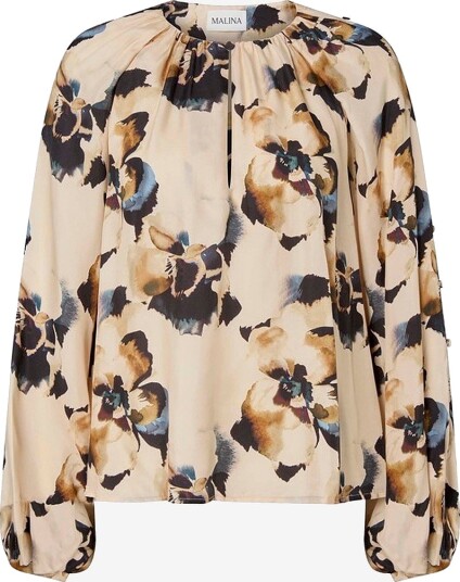 By Malina Bluse Sophie Button Detail Gathered Blouse Beige