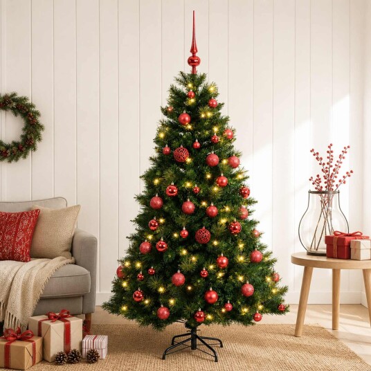 vidaXL Kunstig juletre med julekuler 150 cm 150 LED-lys Varmhvit