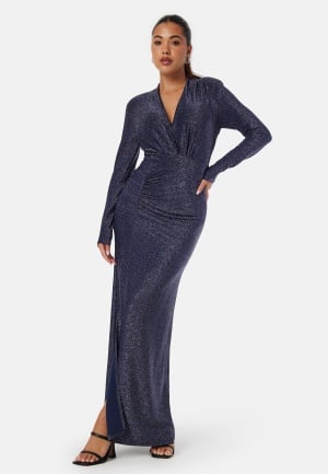 Bubbleroom Occasion Sparkling Ruched Slit Gown Navy M Bubbleroom Occasion Sparkling Ruched Slit Gown Navy M