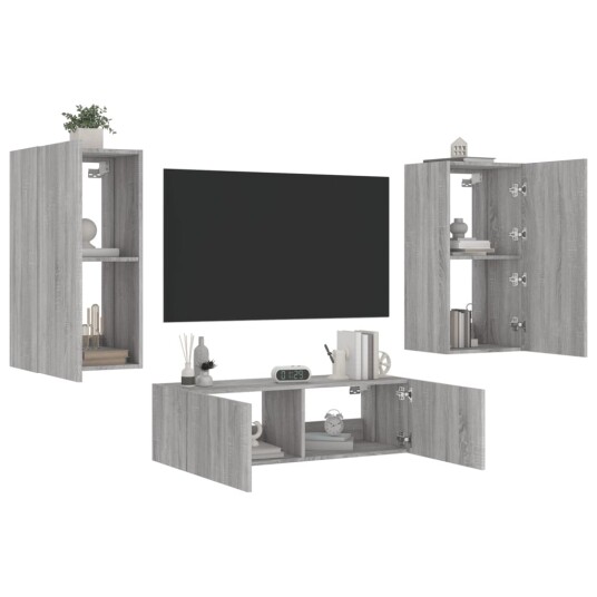 vidaXL Vegghengte TV-benker med LED 3 stk grå sonoma 8721012472945