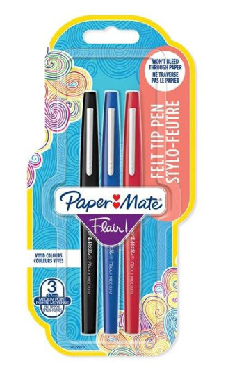 Paper Mate Flair Felt Tip Pens Medium Point 0.7mm Svart Rød & Blå 3 Count
